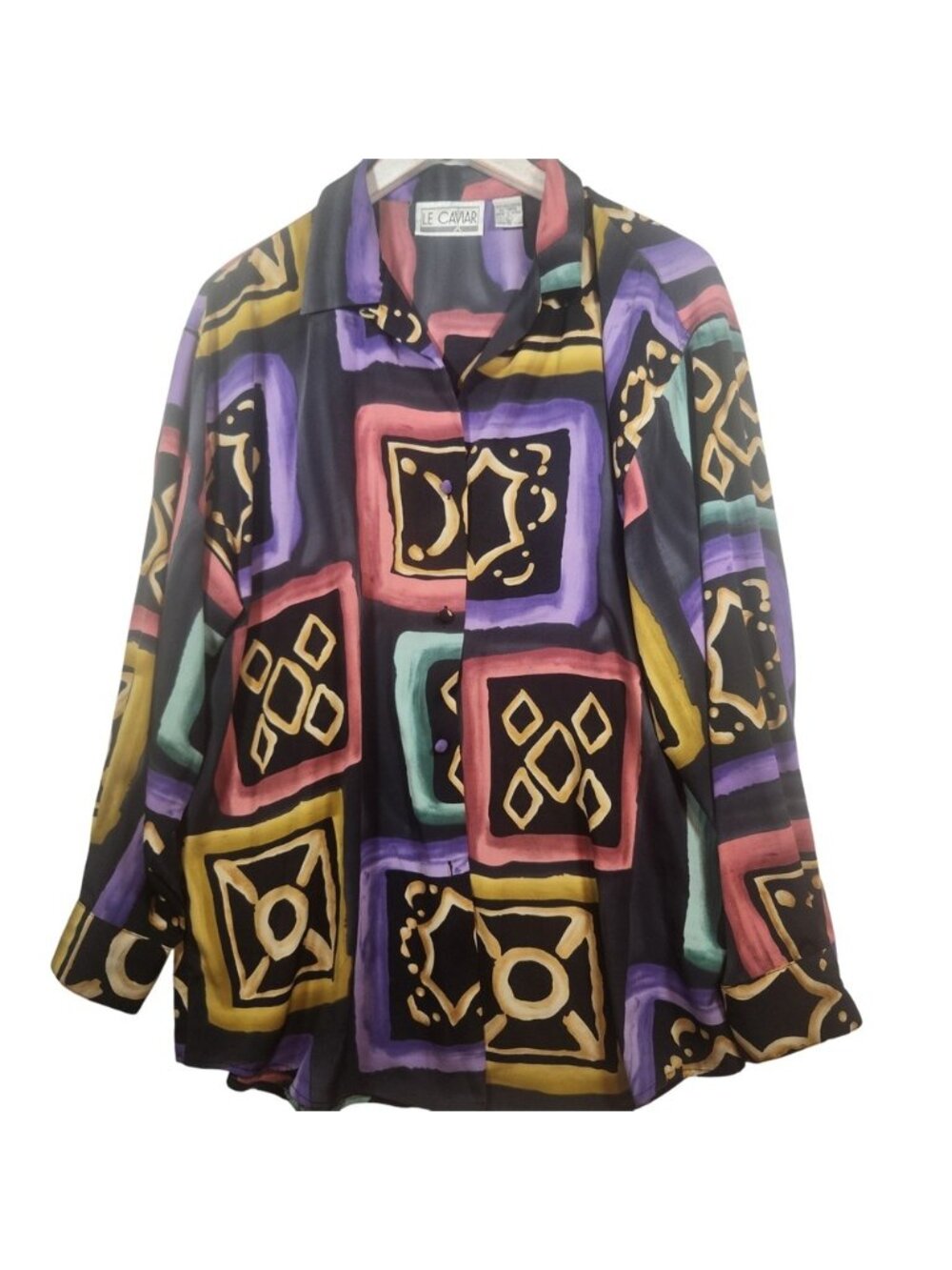 Le Caviar‎ Vintage Geometric Abstract Print Button Up Blouse Womens Large Multi